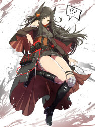Rule 34 | 1girl, ?, absurdres, ammunition, arknights, belt, belt pouch, black belt, black capelet, black footwear, black hair, black jacket, black nails, black panties, black skirt, bodystocking, boots, breasts, capelet, clothing cutout, commentary, covered navel, cropped jacket, demon horns, english commentary, full body, furrowed brow, highres, horns, ines (arknights), jacket, jumping, knee boots, knee pads, long hair, long sleeves, looking at viewer, medium breasts, miniskirt, nail polish, paint splatter, panties, panty peek, parted bangs, parted lips, pencil skirt, pouch, samacho, shoulder cutout, sidelocks, simple background, single knee pad, skirt, solo, spoken question mark, suspender skirt, suspenders, thigh strap, thighs, torn clothes, underwear, upskirt, waist cape, white background, yellow eyes
