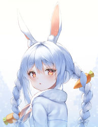 Rule 34 | 1girl, absurdres, animal ear fluff, animal ears, apron, blue hair, blush, bow, braid, carrot hair ornament, commentary request, don-chan (usada pekora), food-themed hair ornament, fur scarf, hair between eyes, hair bow, hair ornament, highres, hololive, ijac ray, jacket, long hair, looking at viewer, rabbit ears, red eyes, short eyebrows, solo, thick eyebrows, twin braids, twintails, two side up, upper body, usada pekora, virtual youtuber, white bow, white hair, white jacket