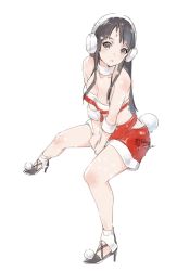 Rule 34 | 1girl, akiyama mio, artist name, bare shoulders, black eyes, black footwear, black hair, blush, breasts, cleavage, earmuffs, full body, high heels, highres, k-on!, long hair, looking at viewer, medium breasts, midriff, pom pom (clothes), red skirt, relaxjon, signature, simple background, sitting, sketch, skirt, solo, strapless, tube top, white background