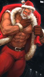 Rule 34 | 1boy, abs, absurdres, bara, bare shoulders, beard, body hair, bulge, chest hair, dopey (dopq), facial hair, hat, highres, large pectorals, looking at viewer, male focus, manly, muscular, nipples, overwatch, overwatch 1, pectorals, santa claus, santa costume, santa hat, simple background, sleeveless, solo, thick thighs, thighs, topless male