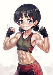 1girl abs black_hair blue_eyes clenched_hand commentary flexing girls_und_panzer green_sports_bra grin hair_tie looking_at_viewer low_twintails muscular muscular_female navel nina_(girls_und_panzer) red_shorts short_hair short_twintails shorts smile solo sports_bra standing steam sweat twintails white_background yilx