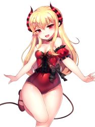 Rule 34 | 1girl, bad id, bad pixiv id, bare shoulders, blonde hair, breasts, covered navel, detached sleeves, fang, highres, horns, legs, leotard, long hair, mary janes, open mouth, original, outstretched arms, papo, pointy ears, puffy detached sleeves, puffy sleeves, red eyes, red leotard, shoes, small breasts, smile, solo, standing, standing on one leg, tail