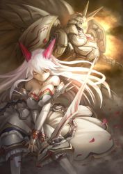 Rule 34 | 1girl, breasts, cleavage, elbow gloves, fantasy, gloves, highres, hokuto (hokuto pk), horns, huge breasts, jewelry, large breasts, long hair, mecha, necklace, original, parted lips, robot, serious, sword, weapon, white hair, white legwear, yellow eyes