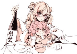 Rule 34 | 2girls, blonde hair, bottle, child, commentary request, controller, double bun, eating, endou okito, food, glasses, hair bun, highres, japanese clothes, kimono, mochi, multiple girls, noodles, original, pink hair, ramen, remote control, upper body, wide sleeves, yellow eyes