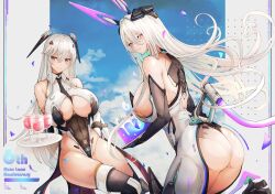 Rule 34 | 2girls, absurdres, alternate costume, anniversary, ass, ass cutout, azur lane, bare shoulders, birthday cake, black thighhighs, blue sky, blush, bodysuit, breasts, cake, chinese commentary, cleavage, clothing cutout, cloud, commentary, confetti, covered navel, cowboy shot, cup, day, elbow gloves, english commentary, enterprise (azur lane), food, gloves, hair between eyes, headgear, highleg, highleg leotard, highres, holding, holding plate, holding tray, kearsarge (azur lane), large breasts, leotard, long hair, looking at viewer, mixed-language commentary, multiple girls, parted lips, pink eyes, plate, playboy bunny, purple eyes, sidelocks, skindentation, sky, smile, standing, thighhighs, tray, very long hair, white bodysuit, white gloves, white hair, white leotard, wrist cuffs, yusha m