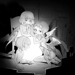 Rule 34 | 3girls, angel, angel wings, ass, barefoot, breasts, chair, completely nude, expressionless, feathered wings, greyscale, highres, indoors, kaede (shijie heping), light, light particles, looking at viewer, monochrome, multiple girls, multiple wings, nude, orb, original, seraph, short hair, sitting, small breasts, wings