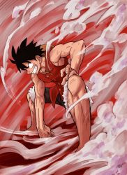 Rule 34 | 1boy, absurdres, black eyes, black hair, clenched hand, commentary request, facial scar, fantasy, feet out of frame, from side, gear second, grin, hand on leg, hat, highres, liedein, male focus, monkey d. luffy, muscular, muscular male, one piece, red shirt, scar, scar on cheek, scar on face, shirt, short hair, shorts, smile, smoke, solo, spread legs, straw hat, tagme, teeth
