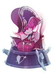 Rule 34 | absurdres, arrow through heart, ascot, bare shoulders, barrel, bicorne, black coat, black hat, breasts, brooch, buttons, cleavage, coat, eyepatch, frilled shirt collar, frills, gold trim, hair ribbon, hat, highres, hololive, houshou marine, houshou marine (1st costume), jacket, jewelry, lapel pin, large breasts, leotard, leotard under clothes, long hair, off shoulder, pirate hat, pop-up pirate, qianjing, red ascot, red eyes, red hair, red jacket, red ribbon, ribbon, see-through, see-through cleavage, see-through leotard, simple background, sleeveless, sleeveless jacket, stuck, sweatdrop, twintails, virtual youtuber, white background