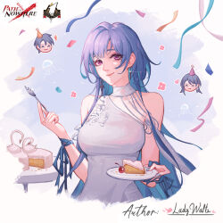 Rule 34 | 1boy, 2girls, bare shoulders, blue hair, breasts, cake, cake slice, cherry, chief (path to nowhere), confetti, detached collar, dress, earrings, female chief (path to nowhere), food, fork, fruit, hair between eyes, hamel (path to nowhere), hat, holding, holding fork, jellyfish, jewelry, ladywaltz, large breasts, light blush, logo, long hair, looking at viewer, male chief (path to nowhere), multicolored hair, multiple girls, nail polish, party hat, path to nowhere, plate, purple eyes, signature, single-shoulder dress, smile, two-tone hair, upper body, very long hair, white dress, white nails