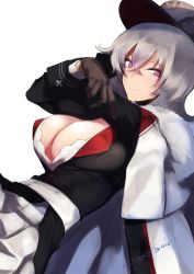 Rule 34 | 1girl, azur lane, black gloves, breasts, cleavage, closed mouth, cross, crossed bangs, fur trim, gloves, graf zeppelin (azur lane), hair between eyes, hat, highres, iron cross, kojima (blue stardust), large breasts, long hair, looking at viewer, military, military uniform, peaked cap, red eyes, sidelocks, signature, silver hair, simple background, smile, solo, uniform, white background