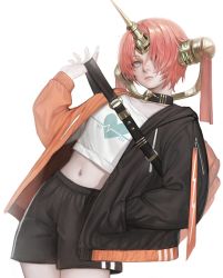 Rule 34 | 1girl, absurdres, blue eyes, contemporary, cowboy shot, crop top, fate/apocrypha, fate (series), frankenstein&#039;s monster (fate), hair over one eye, hand in pocket, highres, horns, midriff, navel, pink hair, shorts, single horn, solo, usukuchi (impasto life), white background