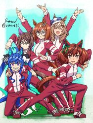 Rule 34 | 5girls, :&lt;, alternate costume, animal ears, arms up, artist name, baron (varon666), blue hair, breasts, brown eyes, brown hair, brown haired glasses girl (umamusume), character request, closed eyes, closed mouth, commentary request, dynamic pose, full body, glasses, gray-framed eyewear, green-framed eyewear, hair ornament, hairclip, hat, heterochromia, highres, horse ears, horse girl, horse tail, ikuno dictus (umamusume), jacket, long hair, long sleeves, matikane tannhauser (umamusume), medium breasts, medium hair, multicolored hair, multiple girls, nice nature (umamusume), open mouth, pants, pink eyes, pointing, pointing at viewer, purple eyes, red footwear, round eyewear, sharp teeth, shoes, smile, standing, sweat, sweatdrop, tail, teeth, track jacket, track pants, twin turbo (umamusume), twintails, twitter username, umamusume