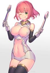 Rule 34 | 1girl, ;p, black thighhighs, breasts, character request, cleavage, fork, green eyes, highres, large breasts, mecha musume, megami device, one eye closed, pink hair, short hair, smile, solo, spoon, takamine nadare, thighhighs, tongue, tongue out