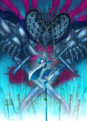 Rule 34 | 10s, 1girl, ankle boots, armband, armor, blue eyes, blue footwear, blue hair, boots, cape, crossed swords, dual wielding, elbow gloves, field of blades, gloves, highres, holding, holding sword, holding weapon, lawzanid, looking back, magical girl, mahou shoujo madoka magica, mahou shoujo madoka magica (anime), matching hair/eyes, miki sayaka, oktavia von seckendorff, short hair, skirt, skirt set, smile, solo, spoilers, standing, standing on one leg, sword, thighhighs, weapon, white thighhighs, witch (madoka magica), zettai ryouiki
