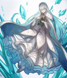 Rule 34 | 1girl, absurdres, anastasia (fate), blue eyes, blue footwear, blue hair, cape, chain, doll, dress, fate/grand order, fate (series), floating, frilled dress, frills, grey hair, hair over one eye, highres, holding, holding doll, huge filesize, ice, ice shard, light blue hair, long hair, multicolored hair, solo, suru (seiya), very long hair, white cape, white dress, winter clothes