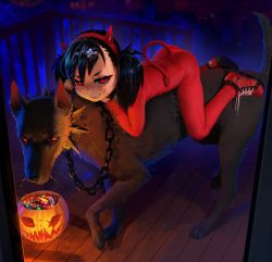 Rule 34 | 1girl, animal, black hair, bodysuit, chain, cross hair ornament, dagger (fizrotart), demon costume, dog, fake horns, fake tail, fiz-rot, grin, hair ornament, highres, horns, jack-o&#039;-lantern, looking at viewer, lying, night, on stomach, original, outdoors, pumpkin, red bodysuit, red eyes, red footwear, riding, shoes, smile, tail, teeth, trick or treat, twintails, wooden floor