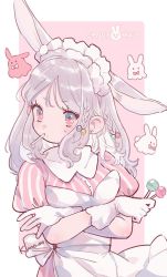 Rule 34 | 1girl, animal ears, beads, bow, candy, clothing request, commentary request, copyright request, crossed arms, english text, food, ghost, hair beads, hair ornament, highres, jikuno, lollipop, looking at viewer, multicolored eyes, rabbit ears, rabbit girl, silver hair, simple background, solo, tagme