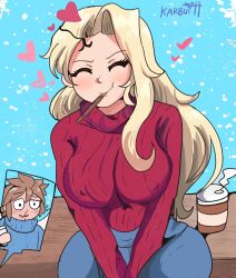 Rule 34 | 1boy, 1girl, :t, artist name, between legs, blonde hair, blood, blue pants, blue sweater, blush, breasts, brown hair, closed eyes, closed mouth, coffee cup, cup, disposable cup, full-face blush, hand between legs, heart, highres, holding, holding cup, karbuitt, kid icarus, kid icarus uprising, large breasts, long hair, long sleeves, nintendo, nosebleed, on bench, pants, pit (kid icarus), red sweater, ribbed sweater, short hair, sitting, snowing, steam, sweater, turtleneck, turtleneck sweater, v arms, viridi