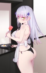 Rule 34 | 1girl, absurdres, apron, ass, black panties, blush, breasts, bright pupils, cooking, cowboy shot, eonsang, facial mark, fried egg, frying pan, girls&#039; frontline, green eyes, grey hair, hair ornament, highres, hk416 (girls&#039; frontline), holding, holding spatula, large breasts, long hair, looking back, panties, shoulder blades, solo, spatula, standing, underwear, white apron, white pupils