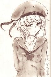 Rule 34 | 10s, 1girl, absurdres, arm behind back, bad id, bad pixiv id, blush, breasts, clothes writing, dress, graphite (medium), hat, highres, kantai collection, long sleeves, looking away, luft7star, military, military uniform, monochrome, sailor collar, sailor dress, sailor hat, short hair, simple background, small breasts, solo, traditional media, twitter username, uniform, upper body, z3 max schultz (kancolle)