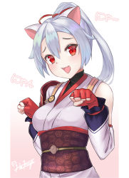 Rule 34 | animal ears, fang, fate/grand order, fate (series), hakuya kung, highres, open mouth, paw pose, ponytail, red eyes, simple background, smile, solo, tomoe gozen (fate), white background