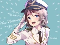 Rule 34 | 1girl, :d, anchor symbol, aqua background, artist name, black necktie, blue eyes, character name, collared shirt, commentary request, dated, grey hair, happy birthday, hat, highres, jacket, kate iwana, long sleeves, looking at viewer, love live!, love live! school idol festival, love live! sunshine!!, military, military uniform, naval uniform, necktie, open mouth, salute, shirt, short hair, signature, smile, solo, uniform, upper body, watanabe you, white jacket, white shirt