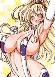 Rule 34 | 1girl, adapted costume, armpits, bad id, bad twitter id, bikini, blonde hair, blush, breasts, cleavage, elbow gloves, fang, gloves, huge breasts, kinokoutarou, long hair, looking at viewer, neptune (series), open mouth, orange eyes, revealing clothes, shiny skin, slingshot swimsuit, solo, source request, swimsuit, thong bikini, yellow heart (neptunia)