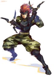 Rule 34 | 1boy, black footwear, black gloves, boots, camouflage, camouflage pants, closed mouth, facepaint, full body, gloves, green pants, highres, holding, knee boots, kotatsu (g-rough), legs apart, looking at viewer, male focus, pants, red eyes, red hair, sarutobi sasuke, sengoku basara, signature, simple background, smile, solo, white background
