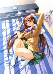 Rule 34 | 1girl, absurdres, alarm clock, anjou marine, bed, bed sheet, book, bow, bowtie, breasts, brown hair, clock, from above, highres, indoors, ino (magloid), long sleeves, lying, medium breasts, on bed, poster (object), purple bow, purple bowtie, room, school uniform, shelf, sister scheme