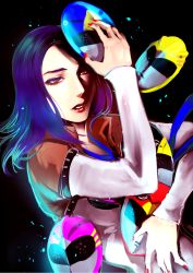 Rule 34 | 1girl, amano maya, blue hair, jojo pose, lipstick, long hair, makeup, mask, nail polish, necktie, parted lips, persona, persona 2, red eyes, red nails, shaded face, solo, tomio