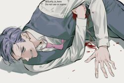 Rule 34 | 1boy, bleeding, blood, blood on clothes, blood on ground, clenched teeth, ear piercing, formal, frown, glaring, haitani ran, hand on ground, injury, looking up, lying, male focus, multicolored hair, necktie, on side, pain, pants, piercing, pink necktie, purple eyes, purple hair, purple pants, purple vest, short hair, simple background, solo, streaked hair, suit, sweatdrop, teeth, tokyo revengers, upper body, vest, yoursunfy
