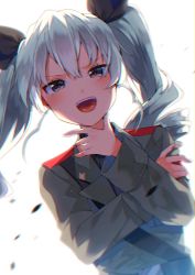 Rule 34 | 10s, 1girl, :d, action, anchovy (girls und panzer), anzio military uniform, arm grab, belt, black belt, black ribbon, blurry, chromatic aberration, commentary, drill hair, dutch angle, girls und panzer, green hair, grey jacket, hair ribbon, hand on own chin, highres, itohana, jacket, light particles, long hair, long sleeves, military, military uniform, open mouth, red eyes, ribbon, sam browne belt, simple background, smile, solo, standing, twin drills, twintails, uniform, upper body, white background