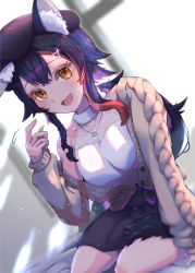 Rule 34 | 1girl, absurdres, animal ear fluff, animal ears, black hair, blush, breasts, embarrassed, finger to face, hair between eyes, hair ornament, hairclip, highres, hololive, hololive gamers, jewelry, long hair, looking at viewer, mihaeru, multicolored hair, necklace, ookami mio, ookami mio (street), open mouth, red hair, sitting, smile, solo, streaked hair, sweatdrop, tail, virtual youtuber, wolf ears, wolf girl, wolf tail, yellow eyes