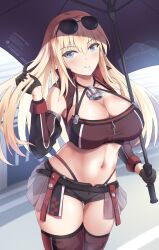 Rule 34 | 1girl, bandeau, bismarck (kancolle), black gloves, black shorts, black thighhighs, black umbrella, blonde hair, blue eyes, breasts, detached sleeves, eyewear on head, gloves, half gloves, highres, holding, holding umbrella, kantai collection, large breasts, long hair, looking at viewer, micro shorts, midriff, miniskirt, pleated skirt, race queen, see-through, see-through shirt, shorts, showgirl skirt, skirt, solo, sunglasses, thighhighs, umbrella, very long hair, zuikillme