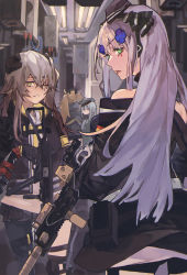 Rule 34 | 4girls, absurdres, assault rifle, bare shoulders, bbsinday, belt pouch, black gloves, black jacket, black skirt, blonde hair, blue hair, brown hair, clothes pull, commentary, cover, cover page, from behind, german flag, girls&#039; frontline, gloves, green eyes, gun, h&amp;k hk416, h&amp;k ump, hair ornament, hairband, hat, headgear, highres, hk416 (girls&#039; frontline), hk416 (mod3) (girls&#039; frontline), holding, holding gun, holding weapon, holographic weapon sight, jacket, jacket partially removed, jacket pull, light blue hair, long hair, looking at viewer, looking back, mini hat, multiple girls, one eye closed, optical sight, pleated skirt, pouch, ribbon, rifle, scar, scar across eye, scar on face, scarf, scope, sight (weapon), silver hair, skirt, submachine gun, tactical clothes, teardrop facial mark, twintails, ump45 (girls&#039; frontline), ump45 (mod3) (girls&#039; frontline), ump9 (girls&#039; frontline), ump9 (mod3) (girls&#039; frontline), weapon, yellow eyes