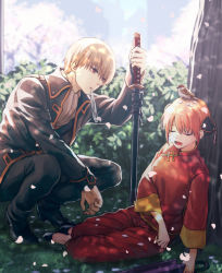 Rule 34 | 1boy, 1girl, against tree, animal, animal on head, bad id, bad pixiv id, bird, bird on head, black footwear, black jacket, black pants, brown hair, closed umbrella, day, double bun, drooling, from side, gintama, hair bun, holding, holding sword, holding umbrella, holding weapon, jacket, kagura (gintama), long sleeves, mouth hold, oil-paper umbrella, okita sougo, on head, open mouth, orange hair, outdoors, pants, petals, purple umbrella, red eyes, red pants, red shirt, shirt, short hair, sitting, sleeping, sneezing, squatting, sword, szzz k, tree, umbrella, weapon, white neckwear