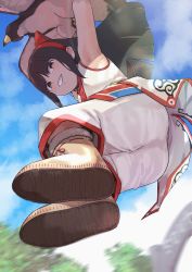 Rule 34 | 1girl, absurdres, ainu clothes, armpits, black hair, boots, breasts, brown eyes, brown hair, fingerless gloves, flying, from below, gloves, grin, hair ribbon, highres, large breasts, legs, legs up, long hair, looking at viewer, mamahaha, nakoruru, open mouth, pants, ribbon, samurai spirits, smile, snk, the king of fighters, the king of fighters xv, thighs, weapon