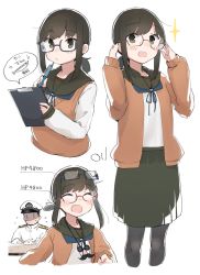 Rule 34 | 1boy, 1girl, absurdres, admiral (kancolle), afterimage, anchor symbol, bespectacled, black hair, black pantyhose, black sailor collar, black skirt, blue-framed eyewear, brown cardigan, buttons, cardigan, closed eyes, fubuki (kancolle), glasses, gloves, green eyes, hair between eyes, hat, highres, holding, holding pen, kantai collection, long sleeves, ma rukan, military, military uniform, multiple views, naval uniform, open cardigan, open clothes, open mouth, pantyhose, peaked cap, pen, red-framed eyewear, sailor collar, school uniform, serafuku, short hair, short ponytail, signature, simple background, skirt, smile, uniform, white background, white gloves, white headwear
