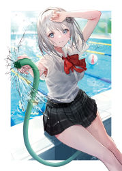 Rule 34 | 1girl, absurdres, arm up, black skirt, blue eyes, blurry, blurry background, border, bow, breasts, collared shirt, cover image, day, dress shirt, feet out of frame, female focus, hair ornament, highres, holding, holding hose, hose, houkago no seijo-san ga toutoi dake ja nai koto wo ore wa shitteiru, looking at viewer, medium breasts, medium hair, miniskirt, novel illustration, official art, outdoors, outside border, pleated skirt, pool, poolside, red bow, red neckwear, school uniform, see-through, shirase seira, shirt, short sleeves, silver hair, sitting, skirt, smile, solo, standing, summer uniform, swimsuit, swimsuit under clothes, takubon, textless version, thighs, water, wet, wet clothes, wet shirt, white border, white shirt