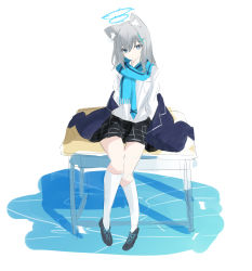 Rule 34 | 1girl, absurdres, animal ear fluff, animal ears, blue archive, blue eyes, blue jacket, blue necktie, blue scarf, breast pocket, collared shirt, cross hair ornament, crossed bangs, desk, expressionless, full body, grey hair, hair ornament, halo, head tilt, highres, jacket, jacket partially removed, kneehighs, liu liu, looking at viewer, medium hair, mismatched pupils, necktie, on desk, pigeon-toed, plaid, plaid skirt, pocket, scarf, school desk, school uniform, shiroko (blue archive), shirt, shoes, sitting, on desk, skirt, sneakers, socks, solo, striped clothes, striped scarf, water, white shirt, wolf ears