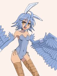 Rule 34 | 1girl, ahoge, animal ears, bare shoulders, beige background, bird legs, blue feathers, blue hair, blue leotard, blue wings, breasts, commentary, covered navel, donquiyume, english commentary, fake animal ears, feathered wings, feathers, hair between eyes, harpy, headband, highres, leotard, monster girl, monster musume no iru nichijou, navel, open mouth, papi (monster musume), rabbit ears, shadow, short hair, simple background, small breasts, smile, solo, talons, winged arms, wings, wrist cuffs, yellow eyes
