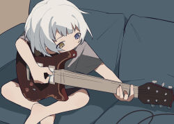 Rule 34 | 1girl, bang dream!, bang dream! it&#039;s mygo!!!!!, barefoot, blue eyes, closed mouth, coldcat., commentary, couch, grey shirt, heterochromia, highres, instrument, kaname raana, music, playing instrument, shirt, short hair, short sleeves, sitting, solo, white hair, yellow eyes