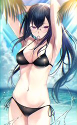 Rule 34 | 1girl, absurdres, alternate costume, armpits, arms up, bespectacled, bikini, black bikini, black hair, blue sky, blush, breasts, cleavage, closed mouth, cloud, cloudy sky, commentary, cowboy shot, day, glasses, hair between eyes, hair tie in mouth, highres, ichinose uruha, kairi (miry666), large breasts, light rays, long hair, looking at viewer, mouth hold, navel, ocean, outdoors, palm tree, purple eyes, side-tie bikini bottom, sky, solo, splashing, standing, stomach, sunlight, swimsuit, tree, virtual youtuber, vspo!