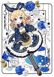 Rule 34 | 1girl, alice in wonderland, blonde hair, blue flower, blue rose, bow, bow hairband, card, dress, elina (e2n04n), flower, frilled dress, frills, hairband, long sleeves, looking at viewer, open mouth, original, rose, white flower, white rose