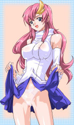 Rule 34 | 00s, bare shoulders, breasts, censored, clothes lift, covered erect nipples, gundam, gundam seed, impossible clothes, lacus clyne, large breasts, lux (alpa), no bra, panties, sexually suggestive, shiny skin, skirt, skirt lift, thighs, underwear, white panties