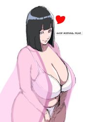 Rule 34 | 1girl, black hair, boruto: naruto next generations, bra, breasts, cleavage, english text, female focus, heart, highres, huge breasts, hyuuga hinata, purple eyes, lips, looking at viewer, mature female, naruto (series), panties, simple background, solo, tagme, ultivlad, underwear, white background