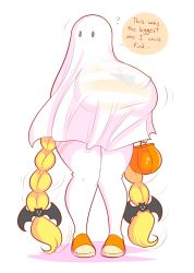 Rule 34 | 1girl, absurdres, blonde hair, braid, breasts, cassie (theycallhimcake), cosplay, english text, female focus, gigantic breasts, halloween, highres, long hair, original, shoes, simple background, sneakers, solo, standing, theycallhimcake, thighhighs, twin braids, very long hair, white background, white thighhighs, wide hips