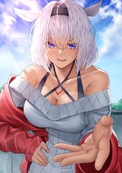 Rule 34 | 1girl, absurdres, animal ears, blue eyes, body markings, breasts, caenis (fate), cleavage, dark-skinned female, dark skin, fate/grand order, fate (series), highres, kugatunohito, large breasts, long hair, looking at viewer, off-shoulder sweater, off shoulder, open mouth, smile, solo, sweater, very long hair, white hair
