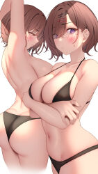 Rule 34 | 1girl, :/, akira shiun, arm up, armpits, arms under breasts, ass, back, bare arms, bare shoulders, bikini, bikini bottom only, black bikini, breasts, brown hair, cleavage, closed eyes, closed mouth, collarbone, crossed arms, from side, halterneck, highres, higuchi madoka, idolmaster, idolmaster shiny colors, large breasts, looking at viewer, median furrow, multiple views, navel, parted lips, purple eyes, short hair, sideboob, stomach, string bikini, sweatdrop, swimsuit, thighs, topless