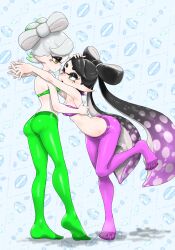 armpits ass black_hair bow-shaped_hair bra breasts callie_(splatoon) chestnut_mouth cleavage eye_contact gradient_hair green_bra green_hair green_pantyhose hand_on_another&#039;s_back hand_on_another&#039;s_head highres inkling interlocked_fingers koharu2.5 leaning_forward leaning_on_person light_blush long_pointy_ears looking_at_another macaron_background marie_(splatoon) median_furrow medium_breasts mole mole_under_eye multicolored_hair nintendo pantyhose pink_bra pink_hair pink_pantyhose pink_pupils pointy_ears see-through_clothes see-through_legwear smile splatoon_(series) standing standing_on_one_leg star-shaped_pupils star_(symbol) strapless strapless_bra swept_bangs symbol-shaped_pupils twintails underwear white_background white_hair yellow_eyes